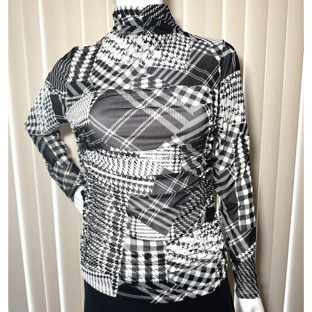 DKNY Women’s Black White Mixed Plaid Houndstooth Ruched Mesh Long Sleeve Top M